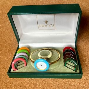 Gucci Vintage Women’s Bangle Watch w/ 11 Interchangeable Bezels & Box